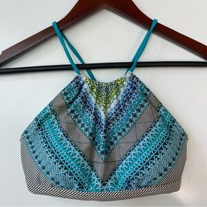 Prana Teal Blue Black White Patterned Halter Swim Bikini Top XS